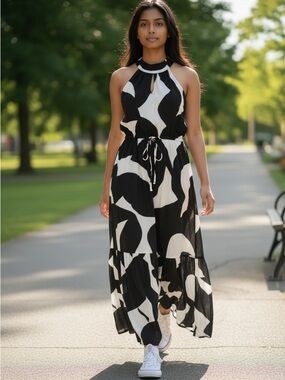 Time and Tru Black and White Halter Maxi Dress with Drawstring Waist